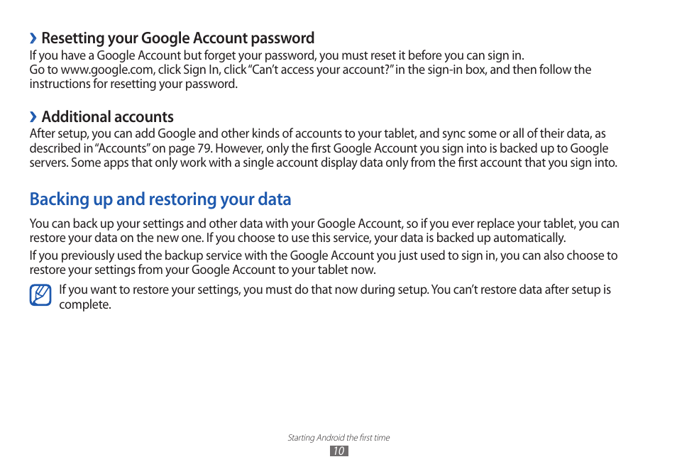 Backing up and restoring your data | Samsung GT-P7100 User Manual | Page 10 / 108