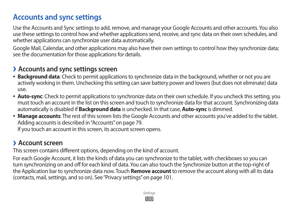 Accounts and sync settings, Accounts and sync settings screen, Account screen | Samsung GT-P7100 User Manual | Page 100 / 108