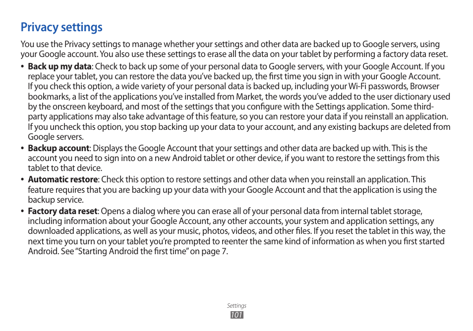Privacy settings | Samsung GT-P7100 User Manual | Page 101 / 108