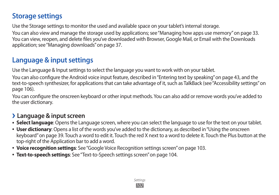 Storage settings, Language & input settings, Storage settings language & input settings | Language & input screen | Samsung GT-P7100 User Manual | Page 102 / 108