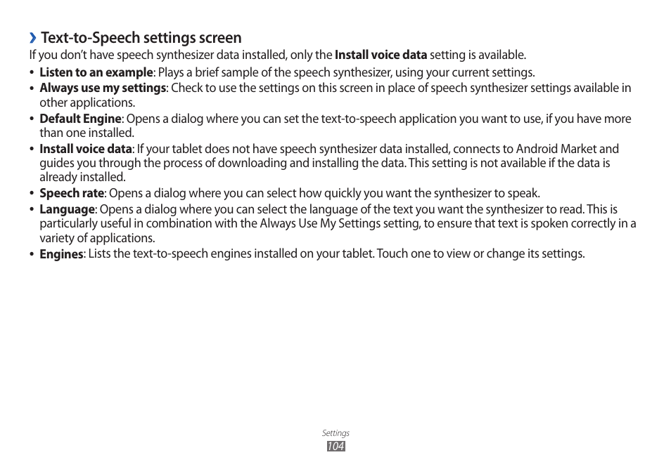Text-to-speech settings screen | Samsung GT-P7100 User Manual | Page 104 / 108