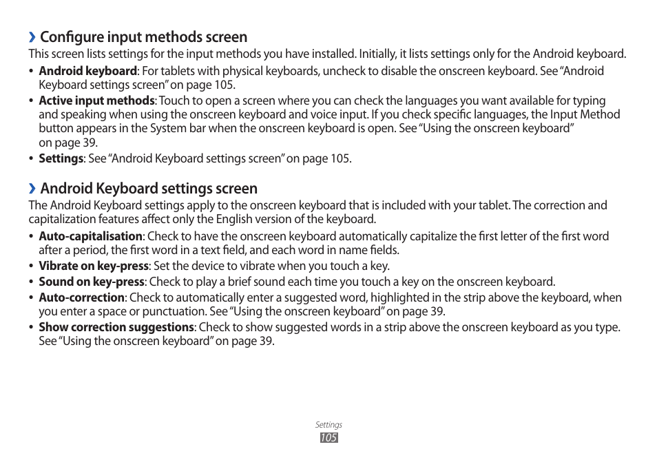 Configure input methods screen, Android keyboard settings screen | Samsung GT-P7100 User Manual | Page 105 / 108