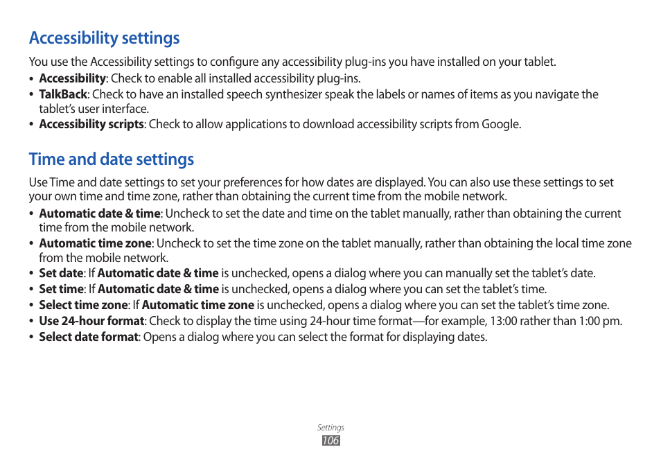 Accessibility settings, Time and date settings, Accessibility settings time and date settings | Time and | Samsung GT-P7100 User Manual | Page 106 / 108
