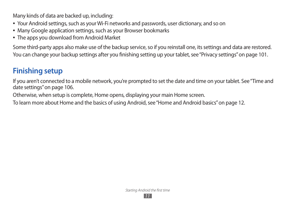 Finishing setup | Samsung GT-P7100 User Manual | Page 11 / 108