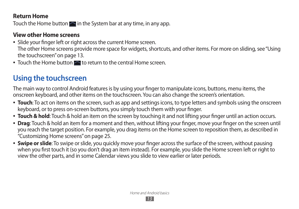 Using the touchscreen | Samsung GT-P7100 User Manual | Page 13 / 108