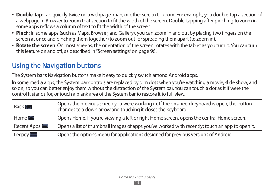 Using the navigation buttons, Using the navigation | Samsung GT-P7100 User Manual | Page 14 / 108