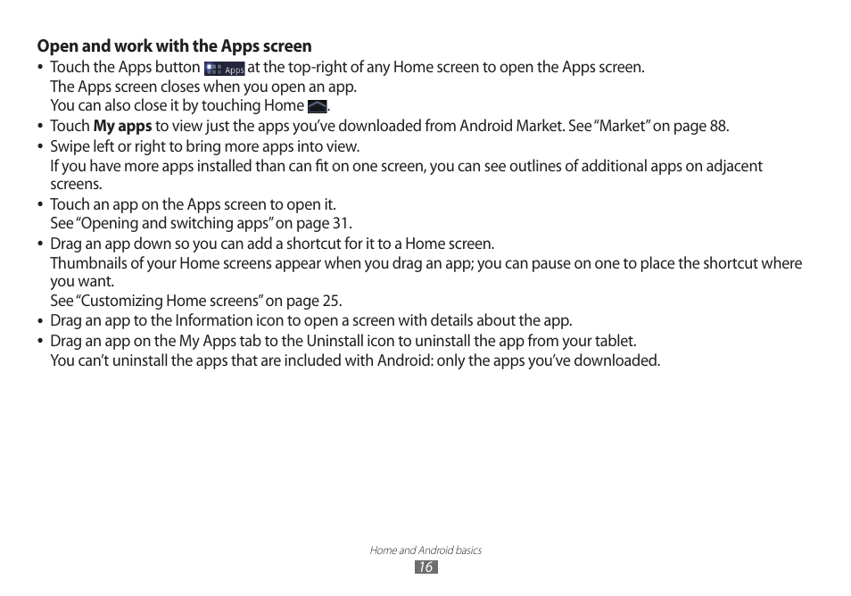 Open and work with the apps screen | Samsung GT-P7100 User Manual | Page 16 / 108
