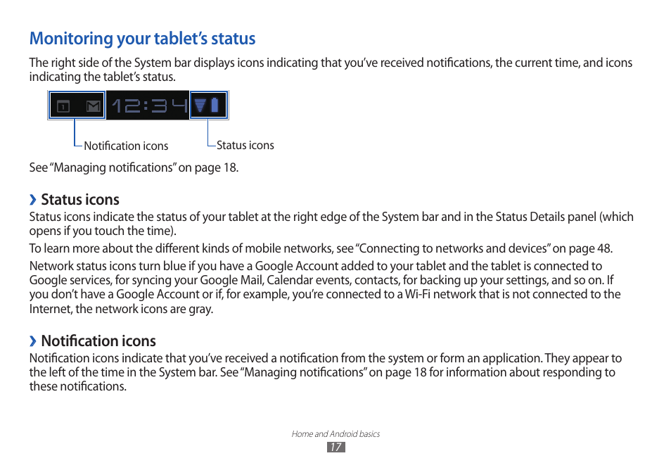 Monitoring your tablet’s status | Samsung GT-P7100 User Manual | Page 17 / 108