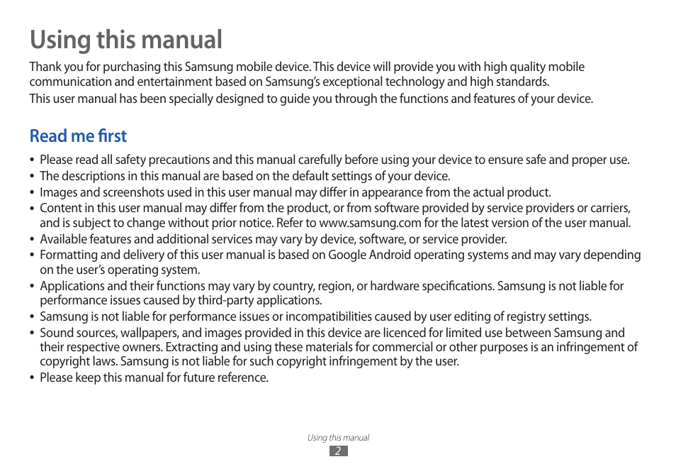 Using this manual, Read me first | Samsung GT-P7100 User Manual | Page 2 / 108