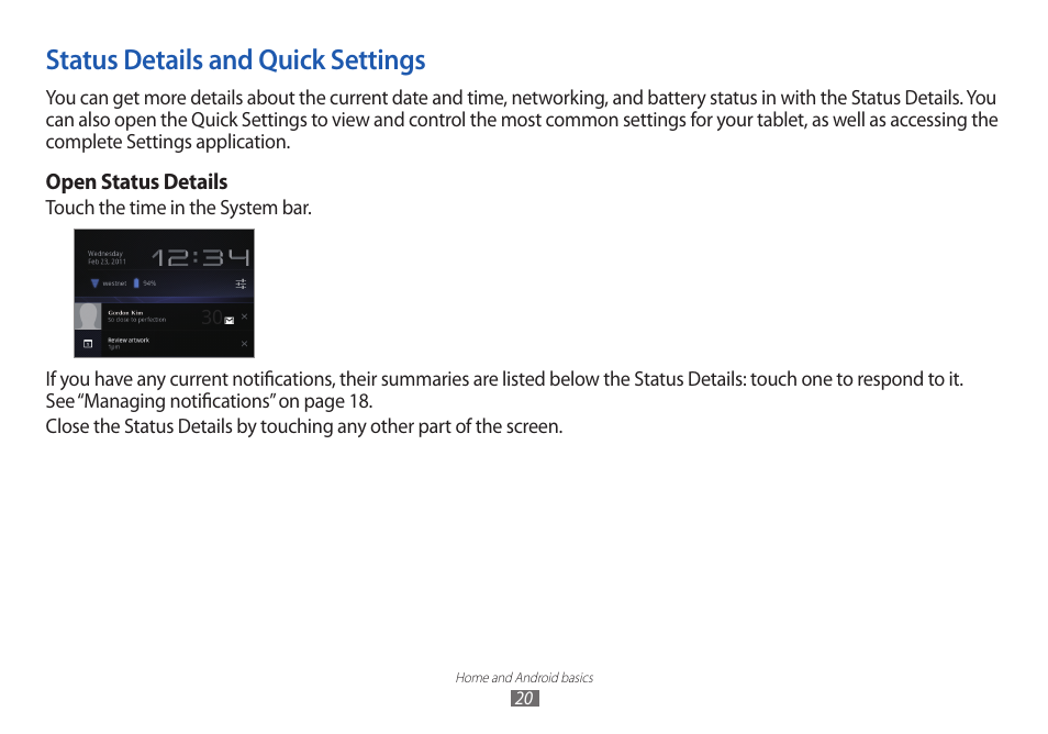 Status details and quick settings | Samsung GT-P7100 User Manual | Page 20 / 108