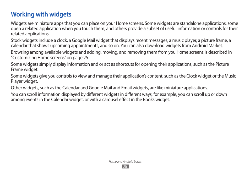 Working with widgets | Samsung GT-P7100 User Manual | Page 28 / 108