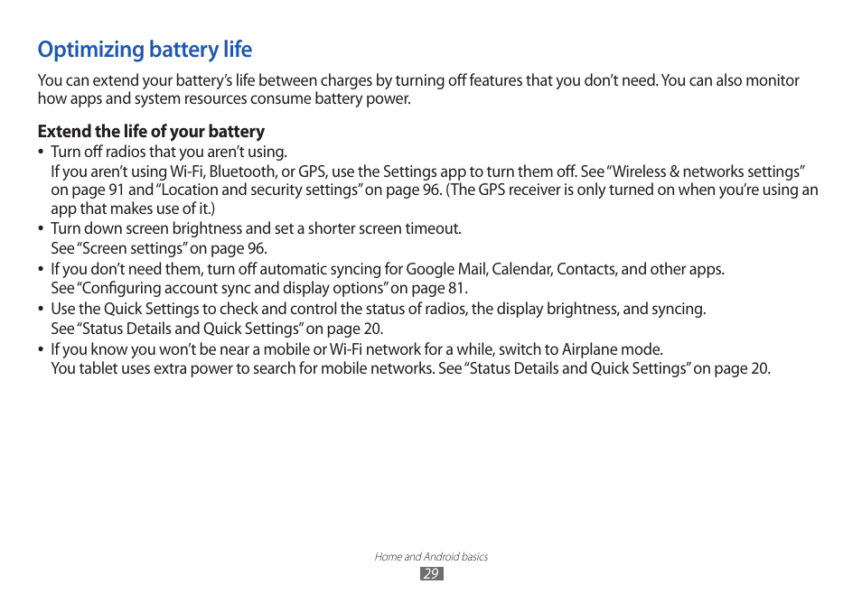 Optimizing battery life, Extend the life of your battery | Samsung GT-P7100 User Manual | Page 29 / 108