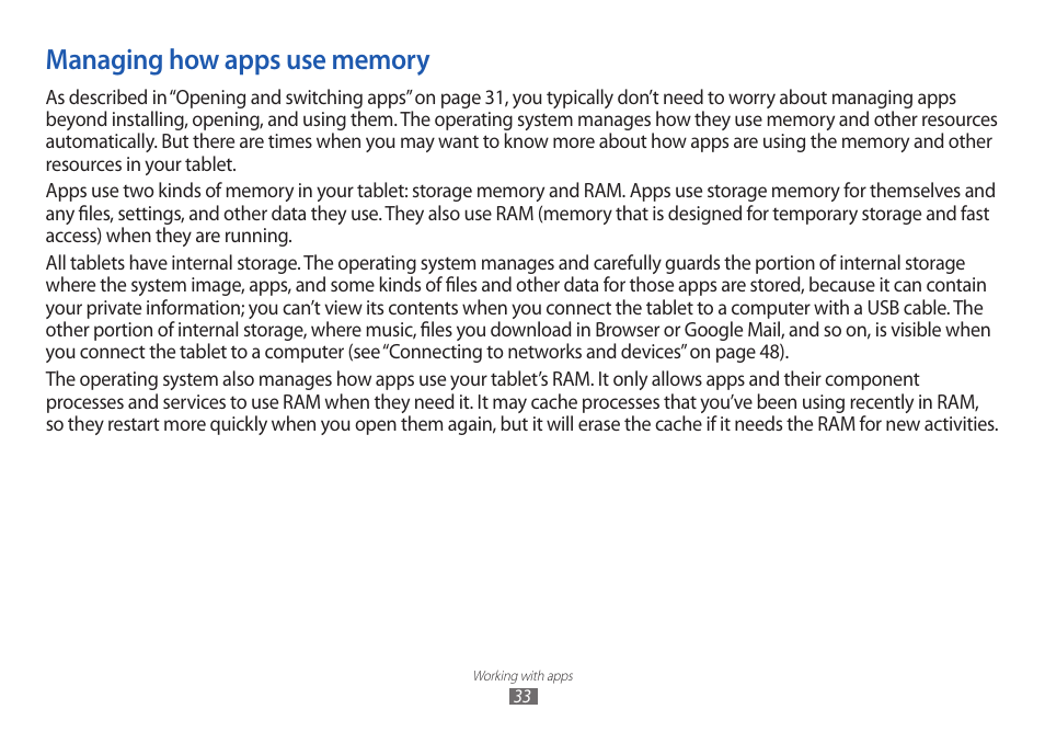 Managing how apps use memory, Managing, How apps use memory | Samsung GT-P7100 User Manual | Page 33 / 108