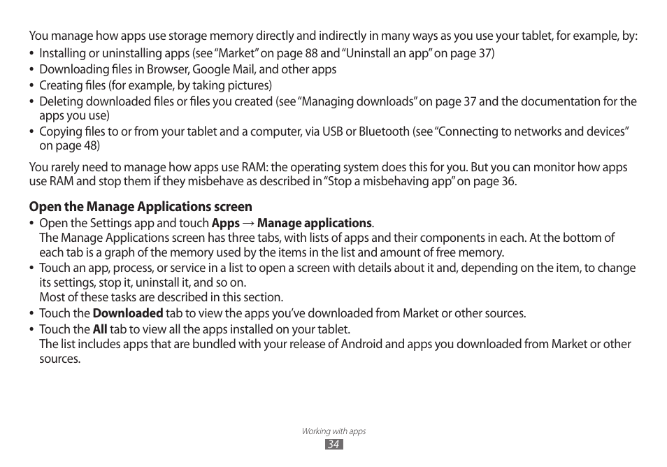 Open the manage applications screen | Samsung GT-P7100 User Manual | Page 34 / 108