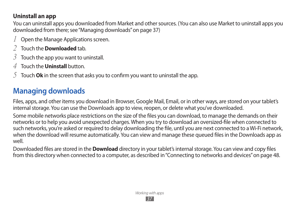 Managing downloads, Uninstall an app | Samsung GT-P7100 User Manual | Page 37 / 108