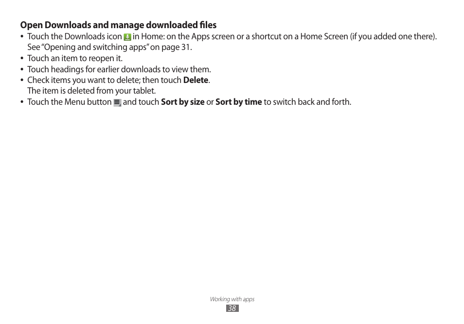 Open downloads and manage downloaded files | Samsung GT-P7100 User Manual | Page 38 / 108