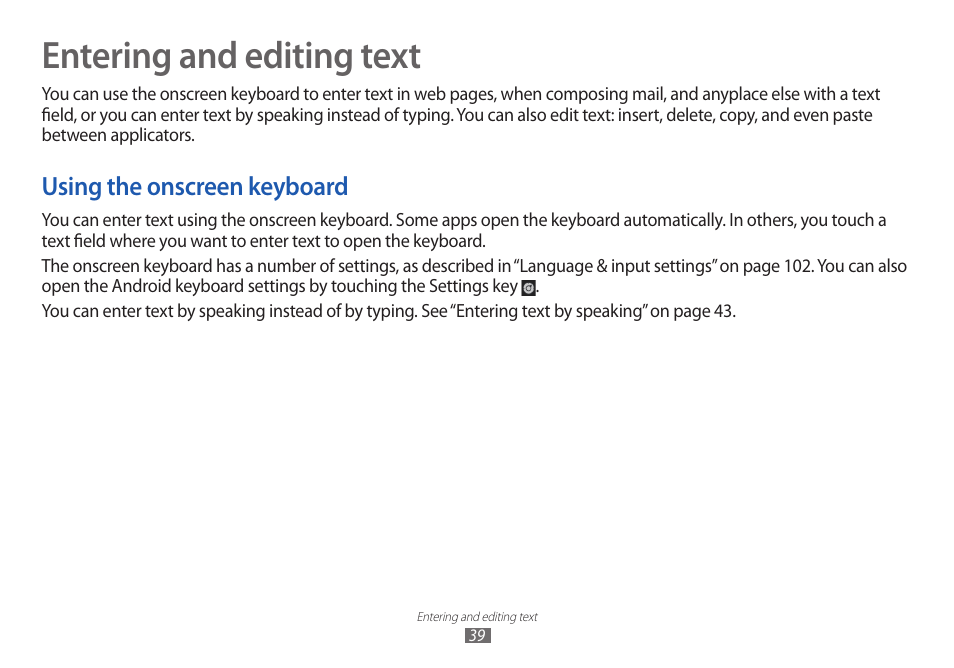 Entering and editing text, Using the onscreen keyboard, Entering | And editing text | Samsung GT-P7100 User Manual | Page 39 / 108