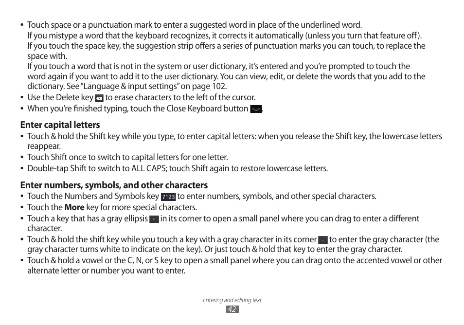 Enter capital letters, Enter numbers, symbols, and other characters | Samsung GT-P7100 User Manual | Page 42 / 108
