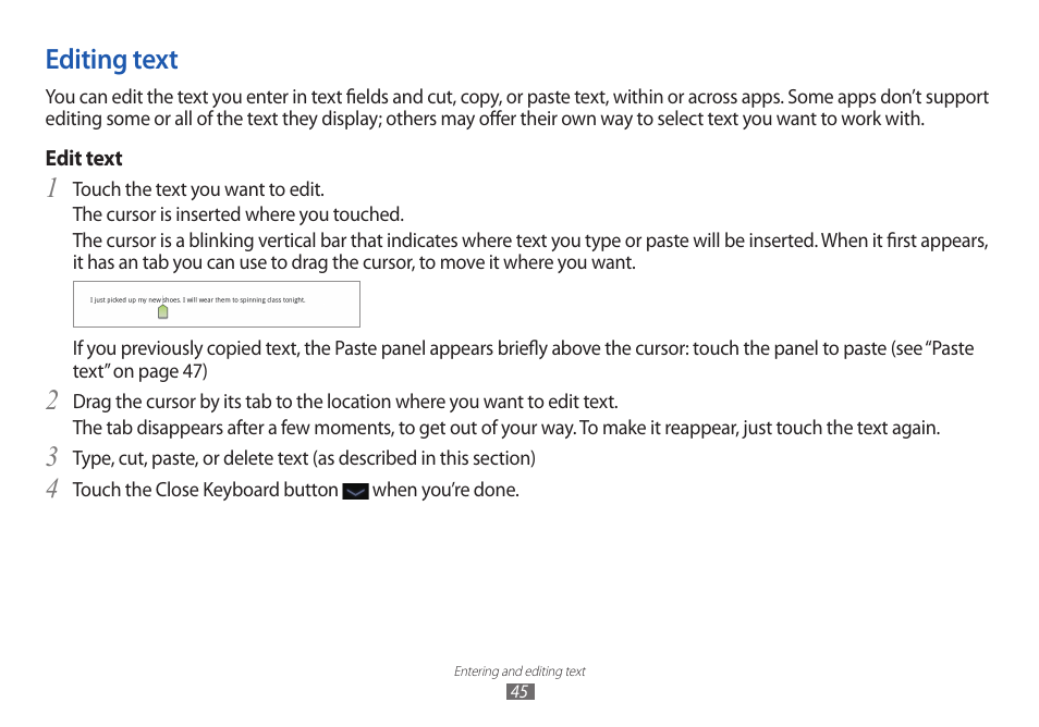 Editing text | Samsung GT-P7100 User Manual | Page 45 / 108