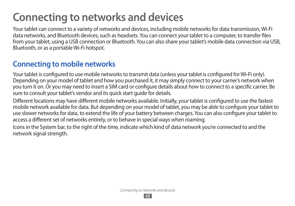 Connecting to networks and devices, Connecting to mobile networks | Samsung GT-P7100 User Manual | Page 48 / 108