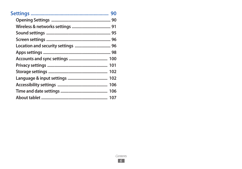 Settings | Samsung GT-P7100 User Manual | Page 6 / 108
