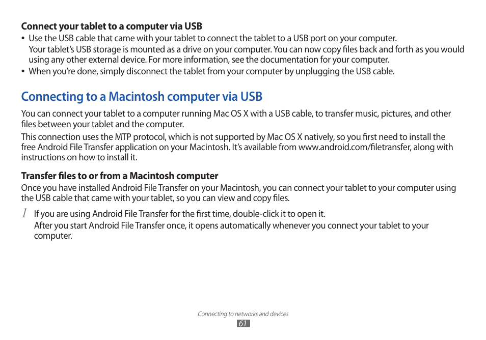Connecting to a macintosh computer via usb | Samsung GT-P7100 User Manual | Page 61 / 108