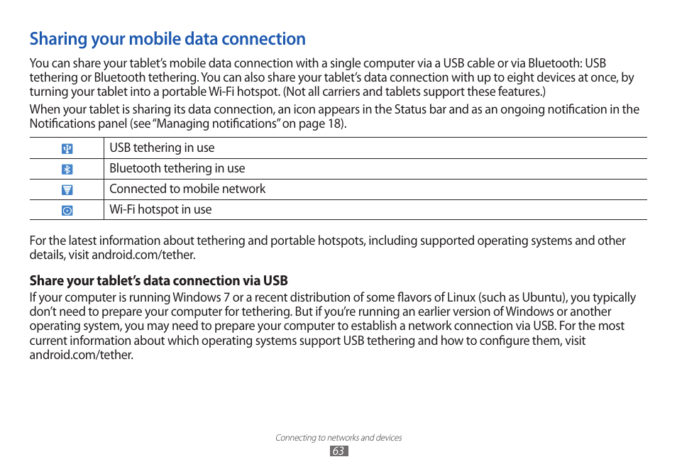 Sharing your mobile data connection | Samsung GT-P7100 User Manual | Page 63 / 108