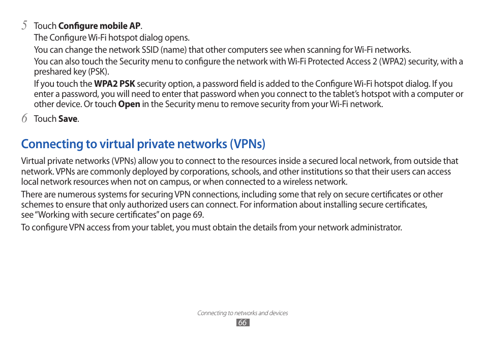 Connecting to virtual private networks (vpns) | Samsung GT-P7100 User Manual | Page 66 / 108