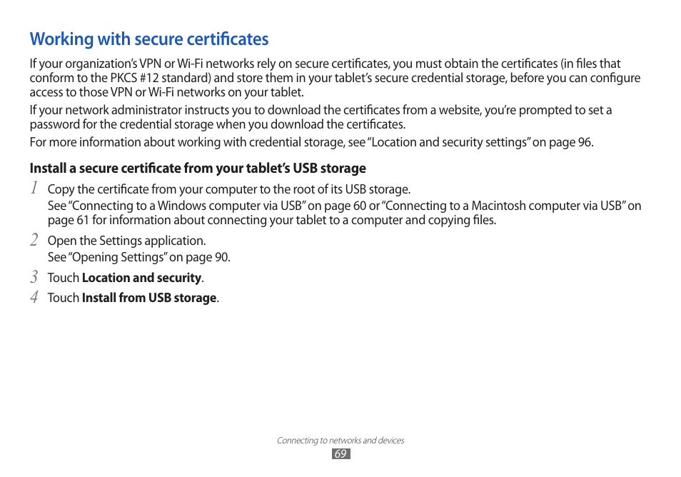Working with secure certificates | Samsung GT-P7100 User Manual | Page 69 / 108