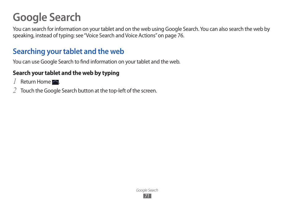 Google search, Searching your tablet and the web, Google | Search | Samsung GT-P7100 User Manual | Page 71 / 108