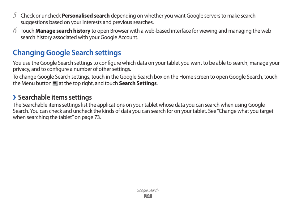 Changing google search settings, Changing google, Search settings | Samsung GT-P7100 User Manual | Page 74 / 108