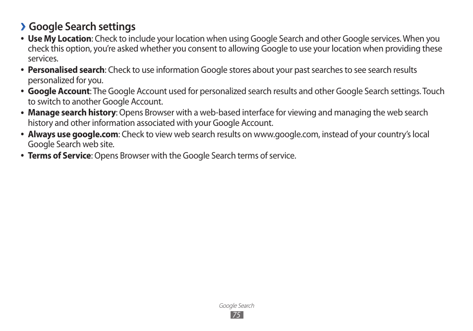 Google search settings | Samsung GT-P7100 User Manual | Page 75 / 108
