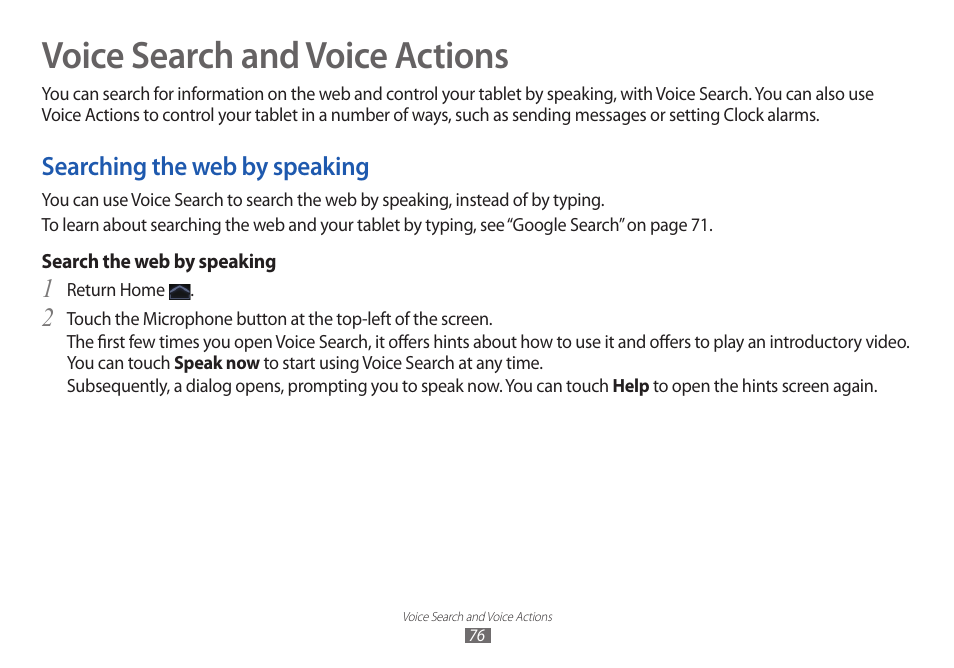 Voice search and voice actions, Searching the web by speaking | Samsung GT-P7100 User Manual | Page 76 / 108
