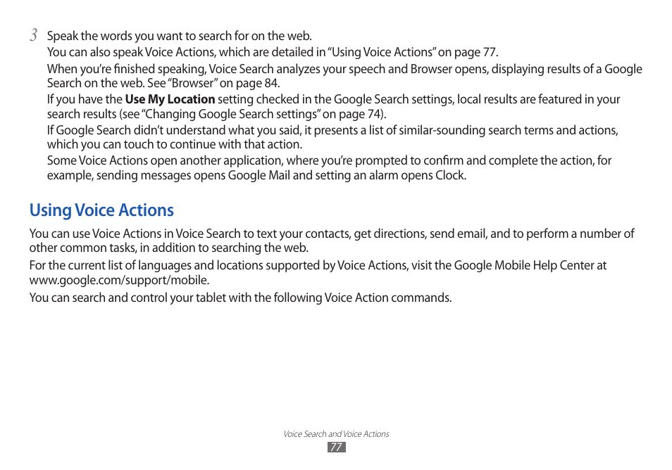 Using voice actions | Samsung GT-P7100 User Manual | Page 77 / 108