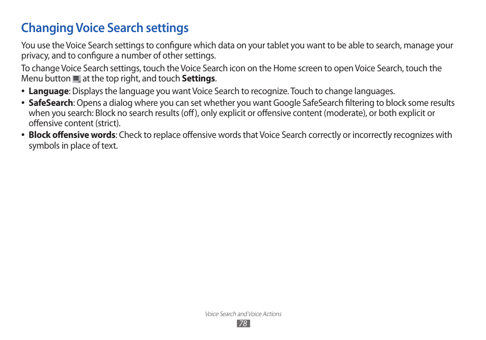 Changing voice search settings | Samsung GT-P7100 User Manual | Page 78 / 108