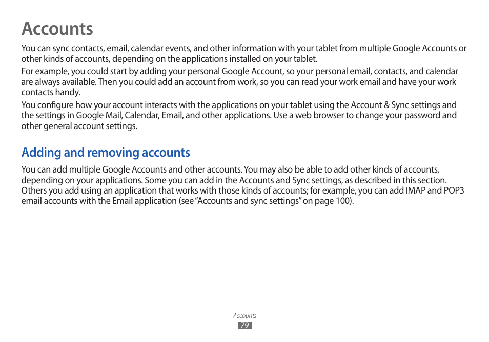 Accounts, Adding and removing accounts | Samsung GT-P7100 User Manual | Page 79 / 108