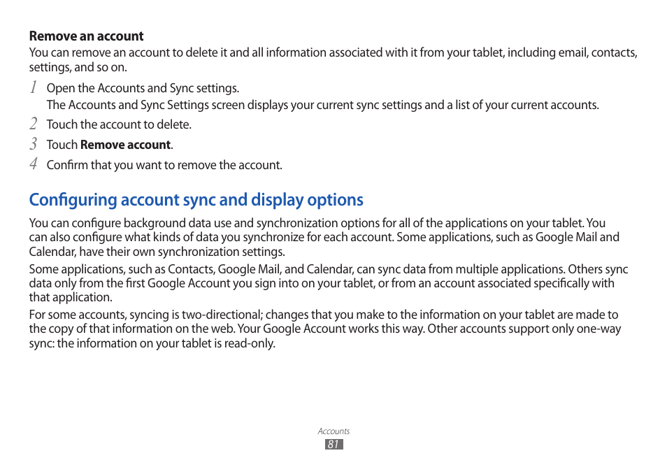 Configuring account sync and display options, 81 f, 4configuring account sync and display options | Samsung GT-P7100 User Manual | Page 81 / 108