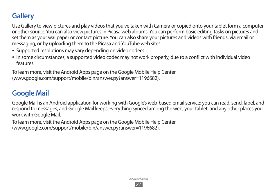 Gallery, Google mail, Gallery google mail | Samsung GT-P7100 User Manual | Page 87 / 108