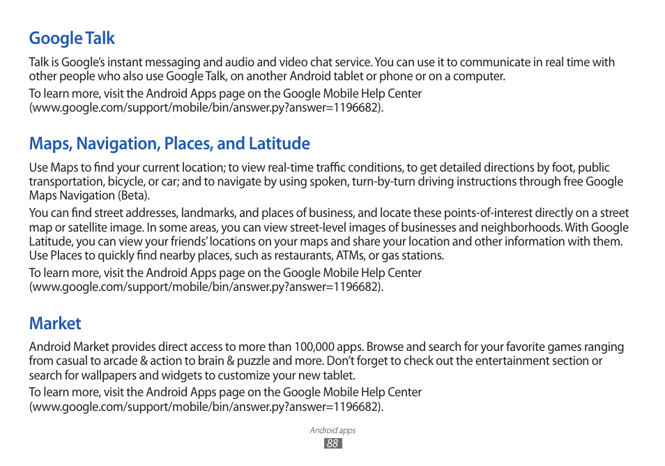 Google talk, Maps, navigation, places, and latitude, Market | 88 and | Samsung GT-P7100 User Manual | Page 88 / 108