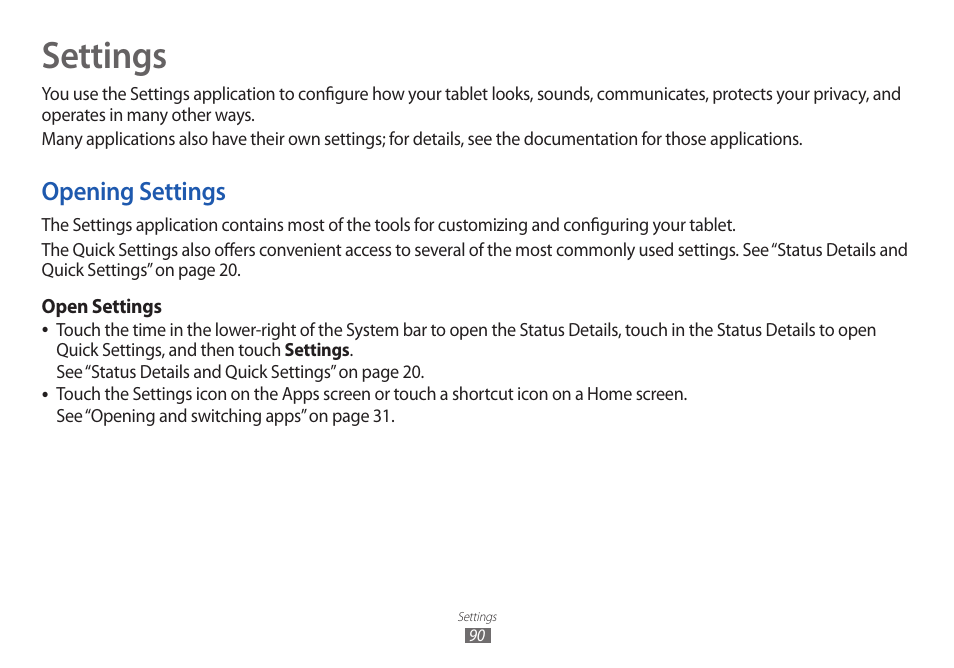 Settings, Opening settings | Samsung GT-P7100 User Manual | Page 90 / 108