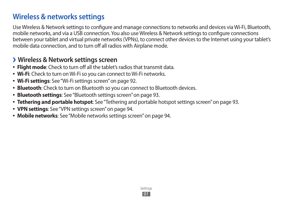 Wireless & networks settings, Wireless & network settings screen | Samsung GT-P7100 User Manual | Page 91 / 108