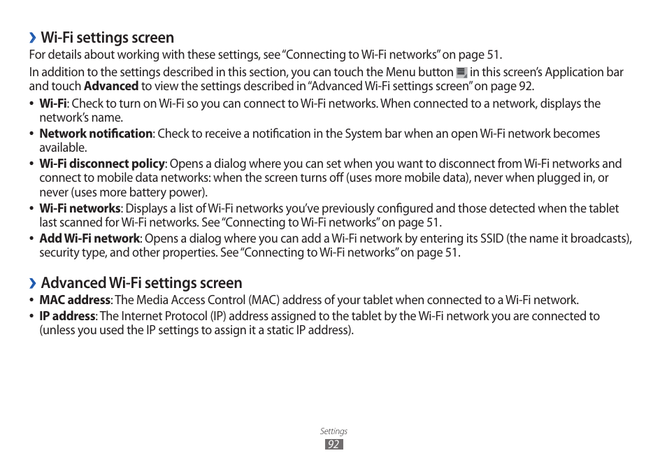 Wi-fi settings screen, Advanced wi-fi settings screen | Samsung GT-P7100 User Manual | Page 92 / 108