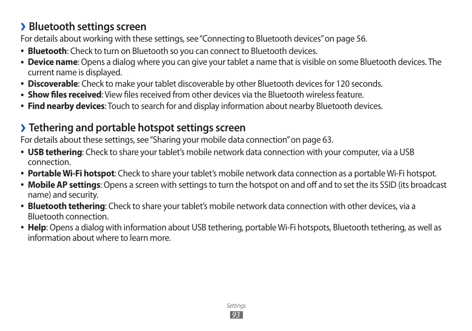 Bluetooth settings screen, Tethering and portable hotspot settings screen | Samsung GT-P7100 User Manual | Page 93 / 108