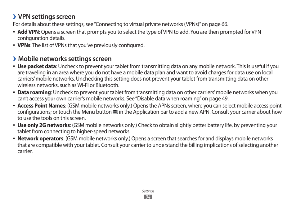 Vpn settings screen, Mobile networks settings screen | Samsung GT-P7100 User Manual | Page 94 / 108