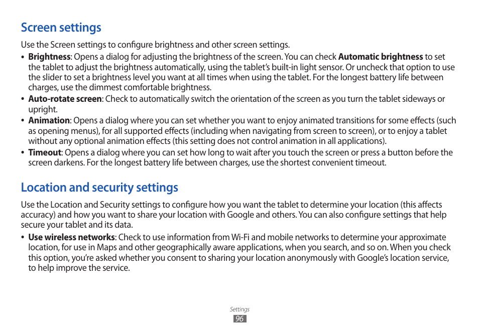 Screen settings, Location and security settings, Screen settings location and security settings | Samsung GT-P7100 User Manual | Page 96 / 108