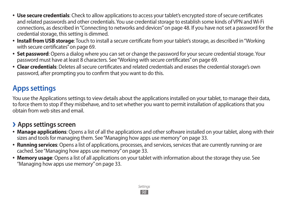 Apps settings, Apps settings screen | Samsung GT-P7100 User Manual | Page 98 / 108