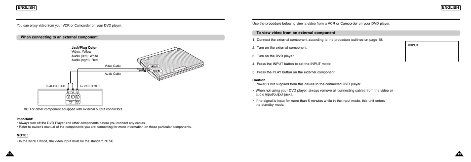 Connecting to an external component (input select), Viewing a video from an external component | Samsung DVD-L300 User Manual | Page 10 / 33