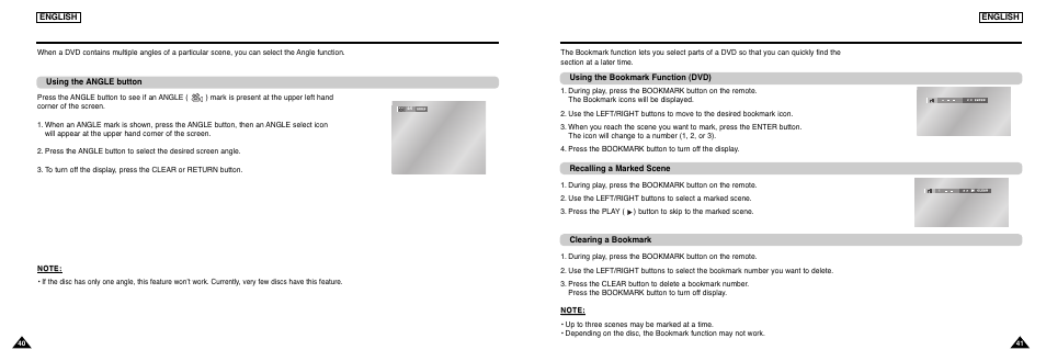 Changing the camera angle, Using the bookmark function | Samsung DVD-L300 User Manual | Page 21 / 33