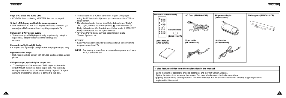 Features, Accessories | Samsung DVD-L300 User Manual | Page 5 / 33