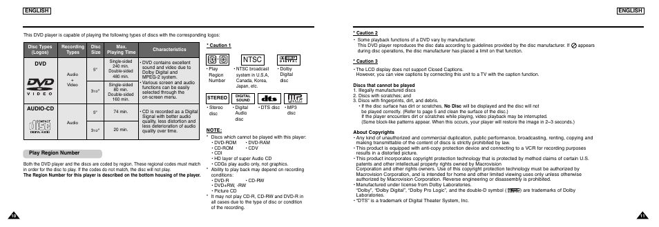 Disc type and characteristics, Ntsc | Samsung DVD-L300 User Manual | Page 6 / 33
